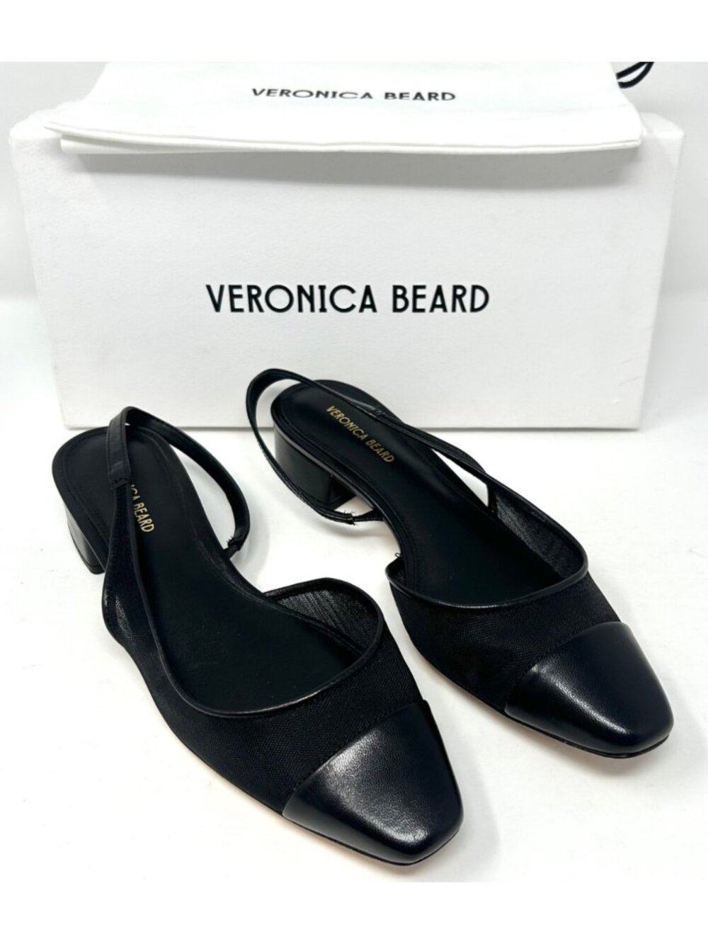 Veronica Beard Cecile Black Mesh Leather Cap Toe Slingback Heels Pumps 6.5M